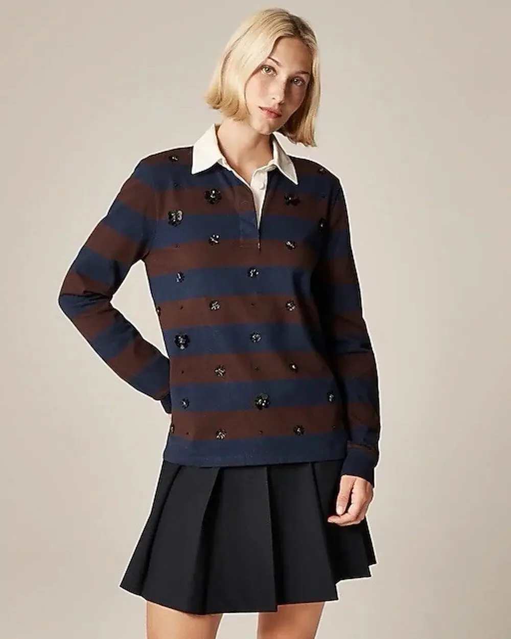 J. Crew Premium Weight Classic Embellished Stripe Preppy Rugby Shirt Size Medium